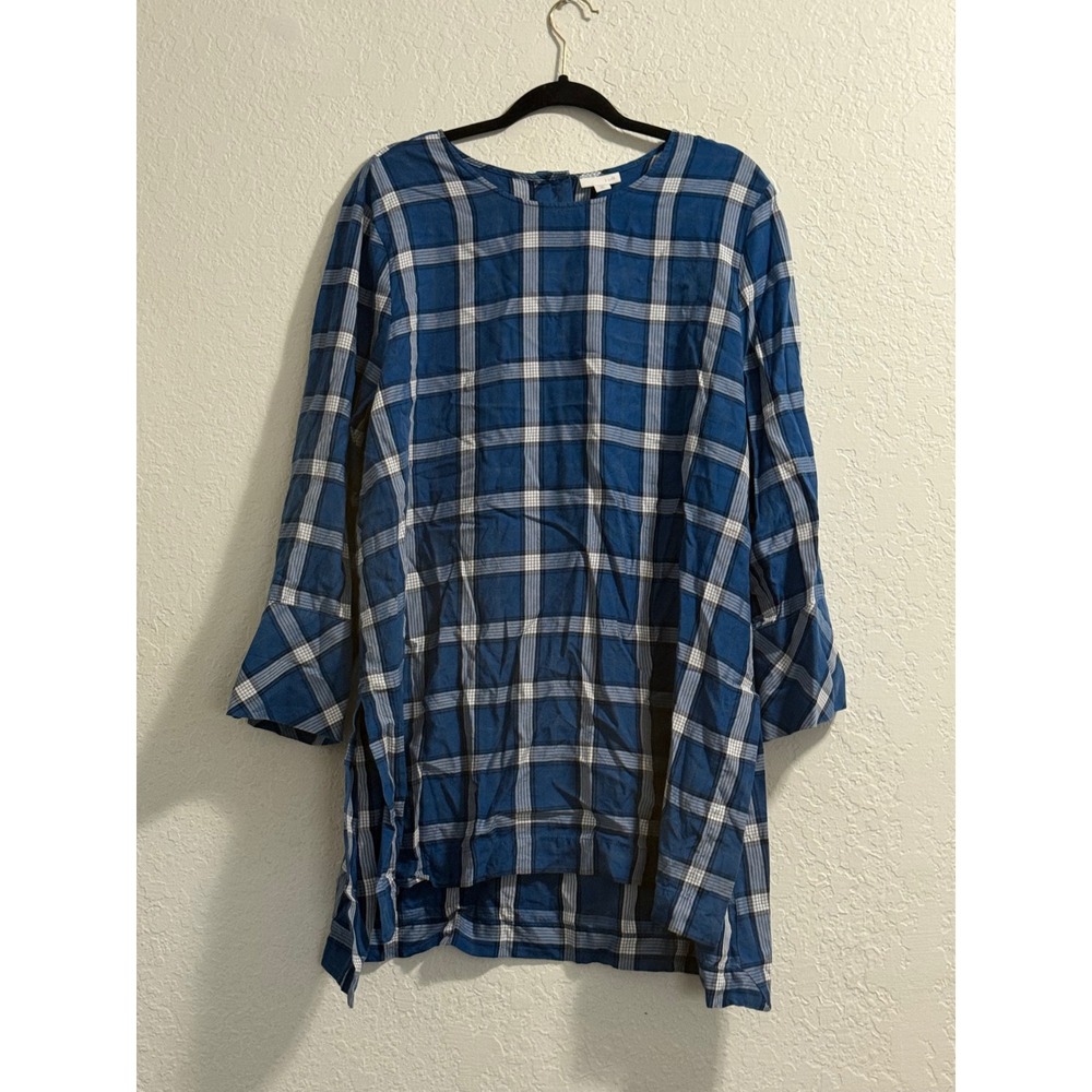 J. Jill Blue Plaid Tunic Top Long Sleeve Bell Cuff High Low Hem Womens XL Tall
